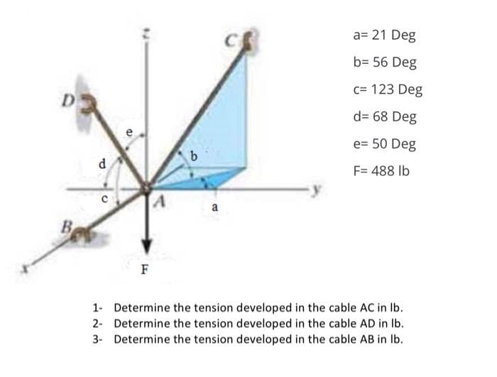 D
B
a= 21 Deg
b= 56 Deg
c= 123 Deg
d= 68 Deg
e= 50 Deg
F= 488 lb
a
F
1-
Determine the tension developed in the cable AC in lb.
2- Determine the tension developed in the cable AD in lb.
Determine the tension developed in the cable AB in lb.
3-
d
с
P
A
b