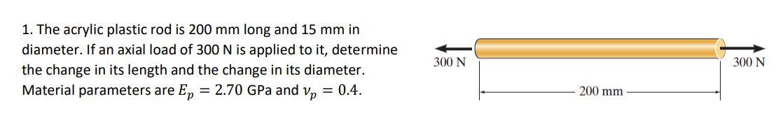 1. The acrylic plastic rod is 200 mm long and 15 mm in
diameter. If an axial load of 300 N is applied to it, determine
the change in its length and the change in its diameter.
Material parameters are Ep = 2.70 GPa and vp = 0.4.
300 N
200 mm
300 N