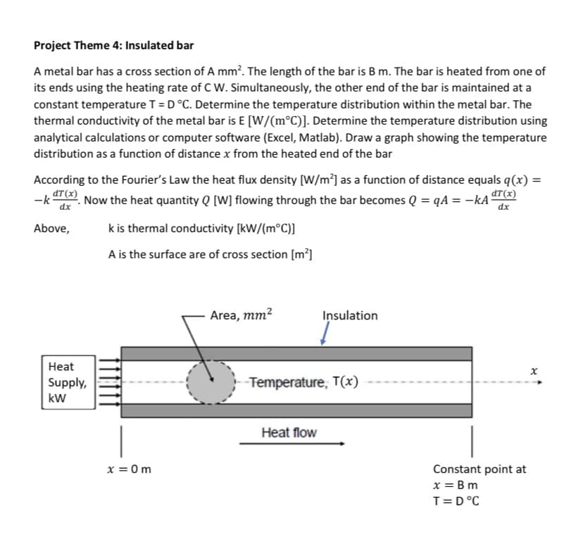 Project Theme 4: Insulated bar
A metal bar has a cross section of A mm². The length of the bar is B m. The bar is heated from one of
its ends using the heating rate of C W. Simultaneously, the other end of the bar is maintained at a
constant temperature T = D °C. Determine the temperature distribution within the metal bar. The
thermal conductivity of the metal bar is E [W/(m°C)]. Determine the temperature distribution using
analytical calculations or computer software (Excel, Matlab). Draw a graph showing the temperature
distribution as a function of distance x from the heated end of the bar
According to the Fourier's Law the heat flux density [W/m²] as a function of distance equals q(x) =
dT (x)
-kat (x)
Now the heat quantity Q [W] flowing through the bar becomes Q =qA = -kA
dx
dx
k is thermal conductivity [kW/(m°C)]
A is the surface are of cross section [m²]
Above,
Heat
Supply,
kW
x = 0m
Area, mm²
Insulation
-Temperature, T(x)
Heat flow
Constant point at
x = Bm
T =D °C
x