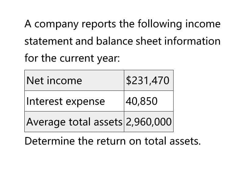 A company reports the following income
statement and balance sheet information
for the current year:
Net income
Interest expense
$231,470
40,850
Average total assets 2,960,000
Determine the return on total assets.