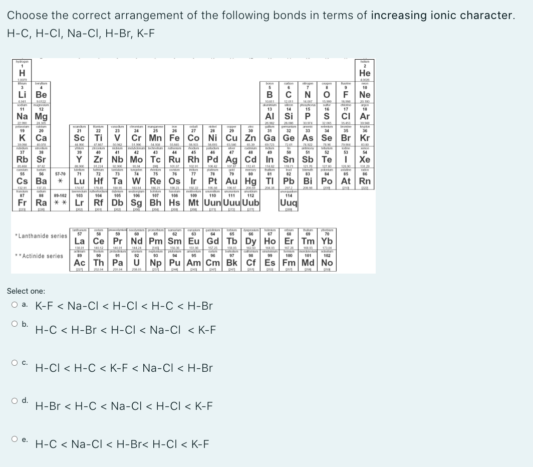 Choose the correct arrangement of the following bonds in terms of increasing ionic character.
Н-С, Н-СІ, Na-CI, H-Br, K-F
hrydogan
haun
2
H
Не
1009
hum
4.0026
beryum
4
carton
6
boon
nrogen
7
ORygen
fuorine
neon
3
10
Li Be
B
N
Ne
691
sodum
90122
magnestm
12
10811
aluminum
12.011
sloon
14.00
phosphonus
15
15.09
sutur
16
20.180
argon
18
chiorine
11
13
14
17
Na Mg
AI Si
S
cI Ar
22.00
26.2
26.0
32.065
selenm
24.30
30874
scondum
21
35453
bromine
35
Hantum
oteomium
24
ongonese
25
krypn
36
polassum
vanatum
on
copper
gemanm
19
20
22
23
26
29
30
31
32
33
34
K Ca
Sc Ti V
Cr Mn Fe Co Ni Cu Zn Ga Ge As Se Br Kr
47.867
roonm
40
1.000
Tiytden Inctnetum
42
65.30
catmm
48
24.2
antony
51
7241
thent
44
nutidum
ser
dine
53
Indum
50
on
37
38
39
41
43
47
49
52
54
Rb Sr
Y
Zr Nb Mo Tc Ru Rh Pd Ag Cd In Sn Sb Te
Хе
127 0
pokt
84
126 0
astne
85
sor
11241
carsm
55
barm
56
etum
71
1.224
ham
lartatm
73
inglm
74
1210
bimuth
83
henm
halum
81
ead
82
radon
86
merury
57-70
72
75
76
79
80
Cs Ba
Lu Hf Ta w
Re Os Ir
Pt Au Hg TI Pb Bi Po At Rn
21
bohrum
107
13291
200.
2013
20.9
lawn nuteon demm
104
hansm
108
u dan
114
randum
seaborgum
87
88
89-102
103
105
106
111
112
Fr Ra ** Lr Rf Db Sg Bh Hs Mt Uun Uuu Uub
Uuq
201
prasendymtan neodmum
59
promethum
61
h um
67
thulum
69
ytertum
70
lanthanum
cetum
europkum
gadeum
tertitum
dysposum
66
samaum
ertum
57
58
60
62
63
64
65
68
* Lanthanide series
La Ce PrNd Pm Sm Eu Gd Tb Dy Ho Er Tm Yb
138.91
anum
1401 144.24 149 150.36 151.6 15725
naptunm
164.93
140.12
hon
90
151.96
157.25
158.93
162.50
167.26
Tenum nandkevun
100
168.93
173.64
nobelum
prota
91
ptonu
94
anum
** Actinide series
96
89
92
93
95
97
98
99
101
102
Ac Th Pa U Np
Pu Am Cm Bk Cf Es Fm Md No
232.04
231.4
pa
ps1
238.03
244
247
247
psa
pse
psg
Select one:
O a. K-F < Na-Cl < H-CI < H-C < H-Br
O b.
H-C < H-Br < H-CI < Na-Cl < K-F
c.
H-CI < H-C < K-F < Na-CI < H-Br
d.
H-Br < H-C < Na-Cl < H-CI < K-F
Oe.
H-C < Na-CI < H-Br< H-CI < K-F
