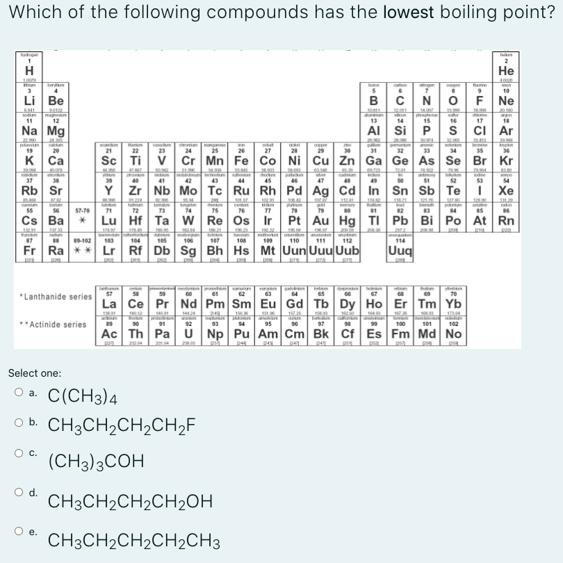 Which of the following compounds has the lowest boiling point?
hydrogan
1
hum
2
H
Не
1.00
4.000
beryum
4
bon
5
Gaton
rogen
ORygen
neon
3
6
10
Li Be
B
N
F Ne
90122
magnestm
12
159
20.10
6911
sodum
1201
son
phosphon
15
alnm
argon
11
13
14
16
18
Na Mg
AI Si
ci Ar
22.0
24.305
calm
20
28.000
3200
selm
varm
23
cheonam
24
nganese
25
ebat
27
anged
pmanm
32
rkel
copper
29
krypon
36
polassium
on
19
21
22
26
28
30
31
33
34
K Ca
Sc Ti
V Cr Mn Fe Co Ni Cu Zn Ga Ge As Se Br Kr
241
de Inctnetm
42
nthentum
44
palam
46
sher
47
cadm
48
antony
51
37
38
39
40
41
43
45
49
50
52
54
Rb Sr
Y
Zr Nb Mo Tc Ru Rh Pd Ag Cd In Sn Sb Te
Хе
sor
11241
121.2
hahum
72
ngm
74
haln
81
Inad
82
127 00
pokm
84
radon
86
bartum
tem
osum
merany
55
56
57-70
71
73
75
76
77
78
79
80
83
Cs Ba
Lu Hf Ta w Re Os Ir Pt Au Hg TI Pb | Bi Po At Rn
200
bhrm
randum
87
hansm
108
menerum uunntum
110
109
seaborgum
ununm
88
89-102
103
104
105
106
107
111
112
114
Fr Ra ** Lr Rf Db Sg Bh Hs Mt Uun Uuu Uub
Uuq
laam
57
neodymum promethum samaum
61
europm
63
gadeum
64
dyp m
66
st m
70
terbem
entm
*Lanthanide series
58
59
60
62
65
67
68
69
La Ce Pr Nd Pm Sm
Eu Gd Tb Dy Ho Er Tm Yb
141
prota m
91
150
putonum
94
16250
CROPAG
1391
140.12
n
90
144.24
149
151.96
157.25
158.95
Da m
97
1649
16726
1685
17304
** Actinide series
89
92
93
95
96
98
99
100
101
102
Ac Th PaU
Np Pu Am Cm Bk Cf Es Fm Md No
224
p4
pse
psa
Select one:
C(CH3)4
a.
O b. CH3CH2CH2CH2F
C.
(CH3)3COH
d.
CH3CH2CH2CH2OH
е.
CH3CH2CH2CH2CH3
