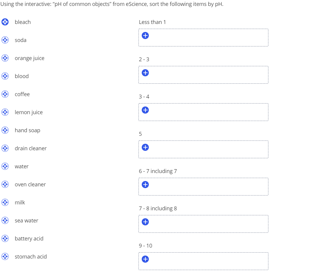 ### Understanding the pH Levels of Common Household Items

In this section, we will explore the pH values of various common substances using the interactive tool: “pH of common objects” from eScience. The goal is to categorize each item based on its pH level.

#### pH Categories and Items
- **Less than 1**
  - (Space for objects to be placed)

- **pH 2 - 3**
  - (Space for objects to be placed)

- **pH 3 - 4**
  - (Space for objects to be placed)

- **pH 5**
  - (Space for objects to be placed)

- **pH 6 - 7 (including 7)**
  - (Space for objects to be placed)

- **pH 7 - 8 (including 8)**
  - (Space for objects to be placed)

- **pH 9 - 10**
  - (Space for objects to be placed)

### Substances to Categorize
Below is a list of substances to be sorted into the appropriate pH category:

1. **Bleach**
2. **Soda**
3. **Orange Juice**
4. **Blood**
5. **Coffee**
6. **Lemon Juice**
7. **Hand Soap**
8. **Drain Cleaner**
9. **Water**
10. **Oven Cleaner**
11. **Milk**
12. **Sea Water**
13. **Battery Acid**
14. **Stomach Acid**

### Sorting Instructions
Using the plus signs adjacent to each pH range, place each substance in its correct pH category. This exercise aids in understanding the acidic or basic nature of everyday items and how they compare to the pH scale.

#### Additional Explanation
This exercise uses an interactive sorting method to help users learn and retain the pH values of various substances. These categories hint at the acidic (low pH) or basic (high pH) nature of each substance. Users can click on the plus signs to indicate which items belong in which pH ranges.

Understanding the pH levels helps in making informed decisions regarding safety, especially in handling strong acids or bases like battery acid or oven cleaner. It also shares insight into the relative acidity of common consumables like lemon juice and coffee, or the neutrality of substances like water.