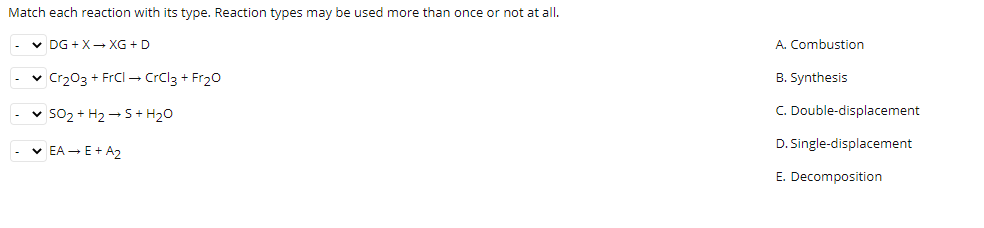 Match each reaction with its type. Reaction types may be used more than once or not at all.
- v DG + X→ XG + D
A. Combustion
- v Cr203 + FrCl → CrCl3 + Fr20
B. Synthesis
v S02 + H2 – 5+ H20
C. Double-displacement
D. Single-displacement
v EA – E+ A2
E. Decomposition
