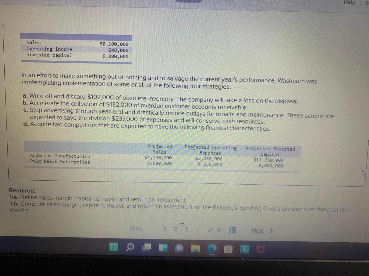 Help
Sales
Operating income
Invested capital
$8,100,000
648,000
9,000,000
In an effort to make something out of nothing and to salvage the current year's performance, Washburn was
contemplating implementation of some or all of the following four strategies:
a. Write off and discard $102,000 of obsolete inventory. The company will take a loss on the disposal.
b. Accelerate the collection of $132,000 of overdue customer accounts receivable.
c. Stop advertising through year-end and drastically reduce outlays for repairs and maintenance. These actions are
expected to save the division $237,000 of expenses and will conserve cash resources.
d. Acquire two competitors that are expected to have the following financial characteristics:
Projected
Sales
Projected Operating
Expenses
$3,330,000
6,350,000
Projected Invested
Capital
$11,750, 000
8,000,000
Anderson Manufacturing
Palm Beach Enterprises
$4,740, 000
6,990, 000
Required:
1-a. Define sales margin, capital turnover, and return on investment.
1-b. Compute sales margin, capital turnover, and return on investment for the Reliable's Sporting Goods Division over the past nine
months.
Prev
1 2 3 4
of 14
Next >
