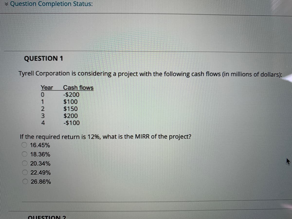 Question Completion Status:
QUESTION 1
Tyrell Corporation is considering a project with the following cash flows (in millions of dollars):
Year Cash flows
-$200
$100
$150
$200
-$100
0
1
·234
If the required return is 12%, what is the MIRR of the project?
16.45%
18.36%
20.34%
22.49%
26.86%
QUESTION ?