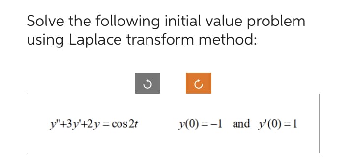 Solve the following initial value problem
using Laplace transform method:
y"+3y'+2y=cos 2t
y(0)=-1 and_y'(0)=1