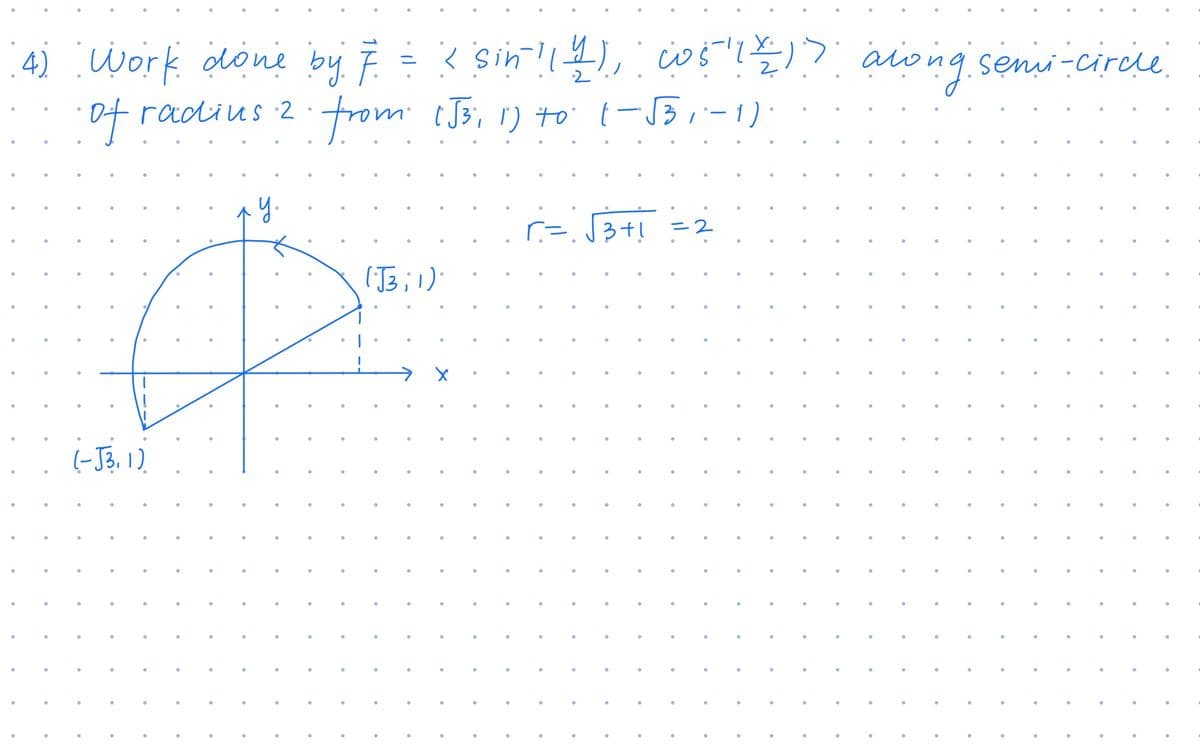 4) work done by F = ? sin!l2), cos"?)) aiong seni-circle
ot radius 2rom tJ3, 1) to t-53,-1)
from [J3; ') to' t-13,-1).
.y.
r=.J3+! =2
(-J3, 1).
