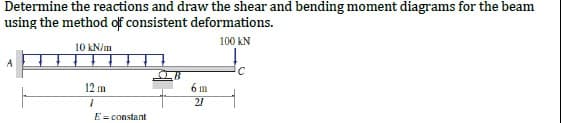 Determine the reactions and draw the shear and bending moment diagrams for the beam
using the method of consistent deformations.
100 KN
10 kN/m
12 m
6 m
21
E= constant
