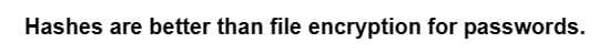 Hashes are better than file encryption for passwords.