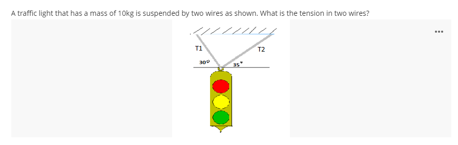 A traffic light that has a mass of 10kg is suspended by two wires as shown. What is the tension in two wires?
...
T1
T2
300
35
