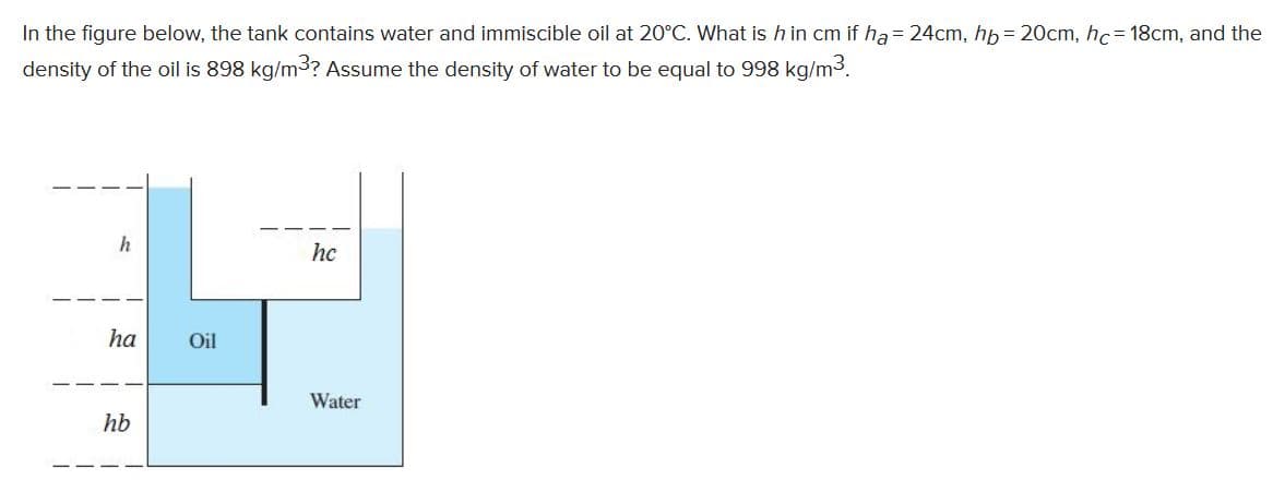 In the figure below, the tank contains water and immiscible oil at 20°C. What is h in cm if ha = 24cm, hp= 20cm, hc= 18cm, and the
density of the oil is 898 kg/m3? Assume the density of water to be equal to 998 kg/m3.
hc
ha
Oil
Water
hb
