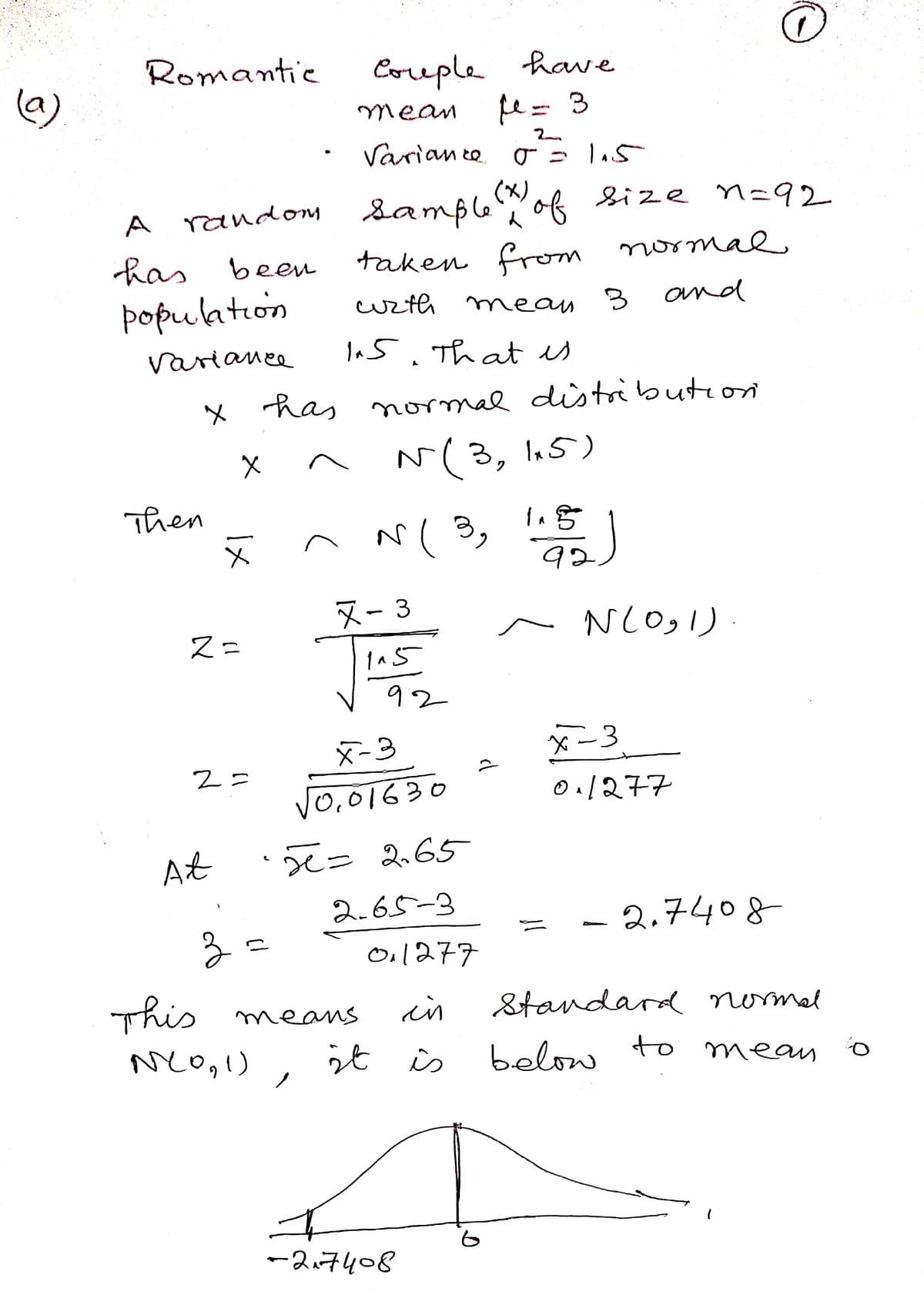 (@)
Romantic
population
Variance
x
Then
(X)
A random sample of size n=92
L
has
been
x
X1
Z=
At
2=
Couple have
mean
fe= 3
ре
3=
2
Variance σ = 1.5
taken from normal
with mean 3
and
has normal distribution
N (3, 1.5)
~ N( 3₂ 1105 )
92
In 5. That is
A
1
父-3
1^5
X-3
√0.01630
·2= 2.65
2.65-3
This means
N(0,1)
92
0.1277
الله
it is
-217408
~ N(0₂1)
Ĉ
6
x-3
0₁/277
O
-2.7408
Standard normal
below to mean
O