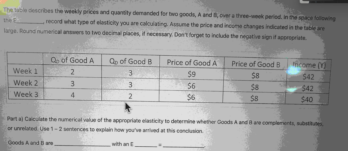 A
The table describes the weekly prices and quantity demanded for two goods, A and B, over a three-week period. In the space following
the E
record what type of elasticity you are calculating. Assume the price and income changes indicated in the table are
large. Round numerical answers to two decimal places, if necessary. Don't forget to include the negative sign if appropriate.
Week 1
Week 2
Week 3
Qp of Good A
2
3
4
QD of Good B
3
3
2
Goods A and B are
Price of Good A
$9
$6
$6
with an E
Price of Good B
$8
$8
$8
Part a) Calculate the numerical value of the appropriate elasticity to determine whether Goods A and B are complements, substitutes,
or unrelated. Use 1-2 sentences to explain how you've arrived at this conclusion.
Income (Y)
$42
$42
$40