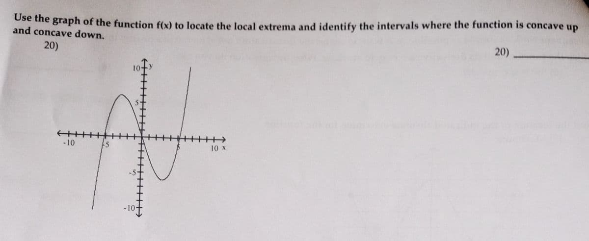 Use the graph of the function f(x) to locate the local extrema and identify the intervals where the function is concave up
and concave down.
20)
20)
-10
-5
10 X