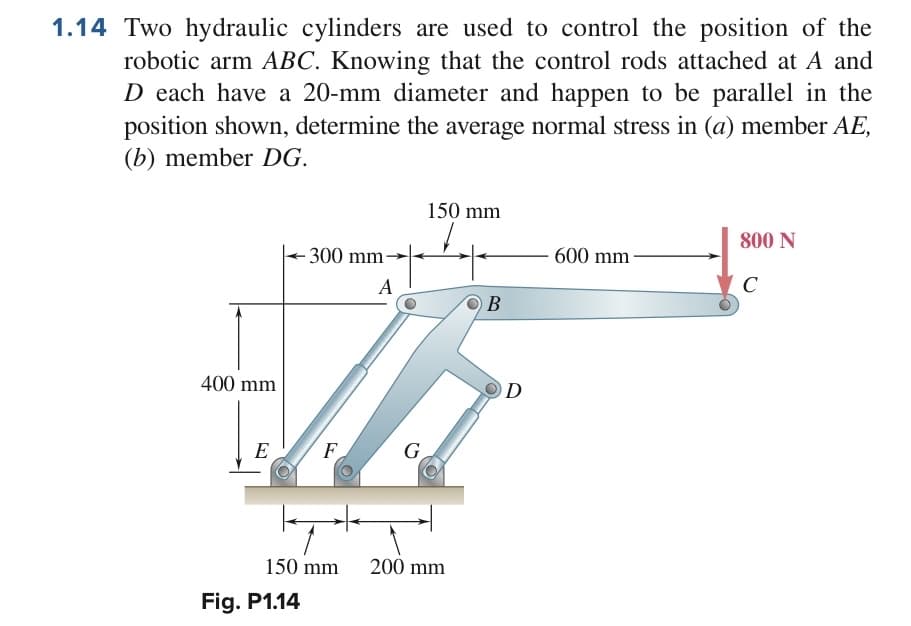 1.14 Two hydraulic cylinders are used to control the position of the
robotic arm ABC. Knowing that the control rods attached at A and
D each have a 20-mm diameter and happen to be parallel in the
position shown, determine the average normal stress in (a) member AE,
(b) member DG.
400 mm
E
- 300 mm-
A
Fig. P1.14
F
G
150 mm
150 mm 200 mm
B
D
600 mm-
800 N
C