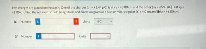Two charges are placed on the x axis. One of the charges (a1 +5.44 μC) is at x₁ = +3.00 cm and the other (q2 = -22.0 μC) is at x₂ =
+9.00 cm. Find the net electric field (magnitude and direction given as a plus or minus sign) at (a) x = 0 cm and (b)x= +6.00 cm.
(a) Number
(b) Number.
Units
Units
N/C