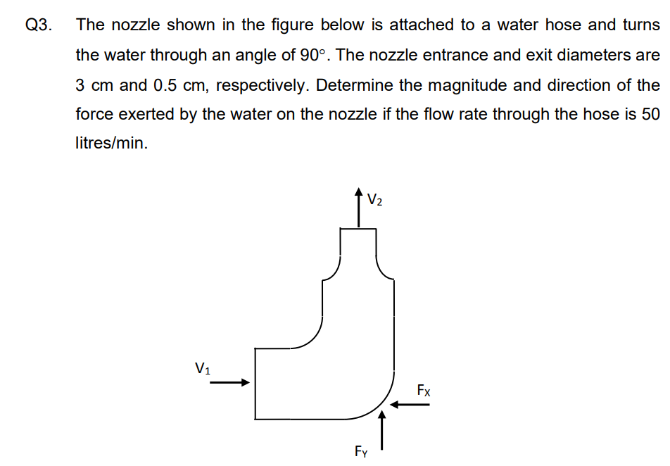 Q3.
The nozzle shown in the figure below is attached to a water hose and turns
the water through an angle of 90°. The nozzle entrance and exit diameters are
3 cm and 0.5 cm, respectively. Determine the magnitude and direction of the
force exerted by the water on the nozzle if the flow rate through the hose is 50
litres/min.
V₁
V₂
Fy
Fx