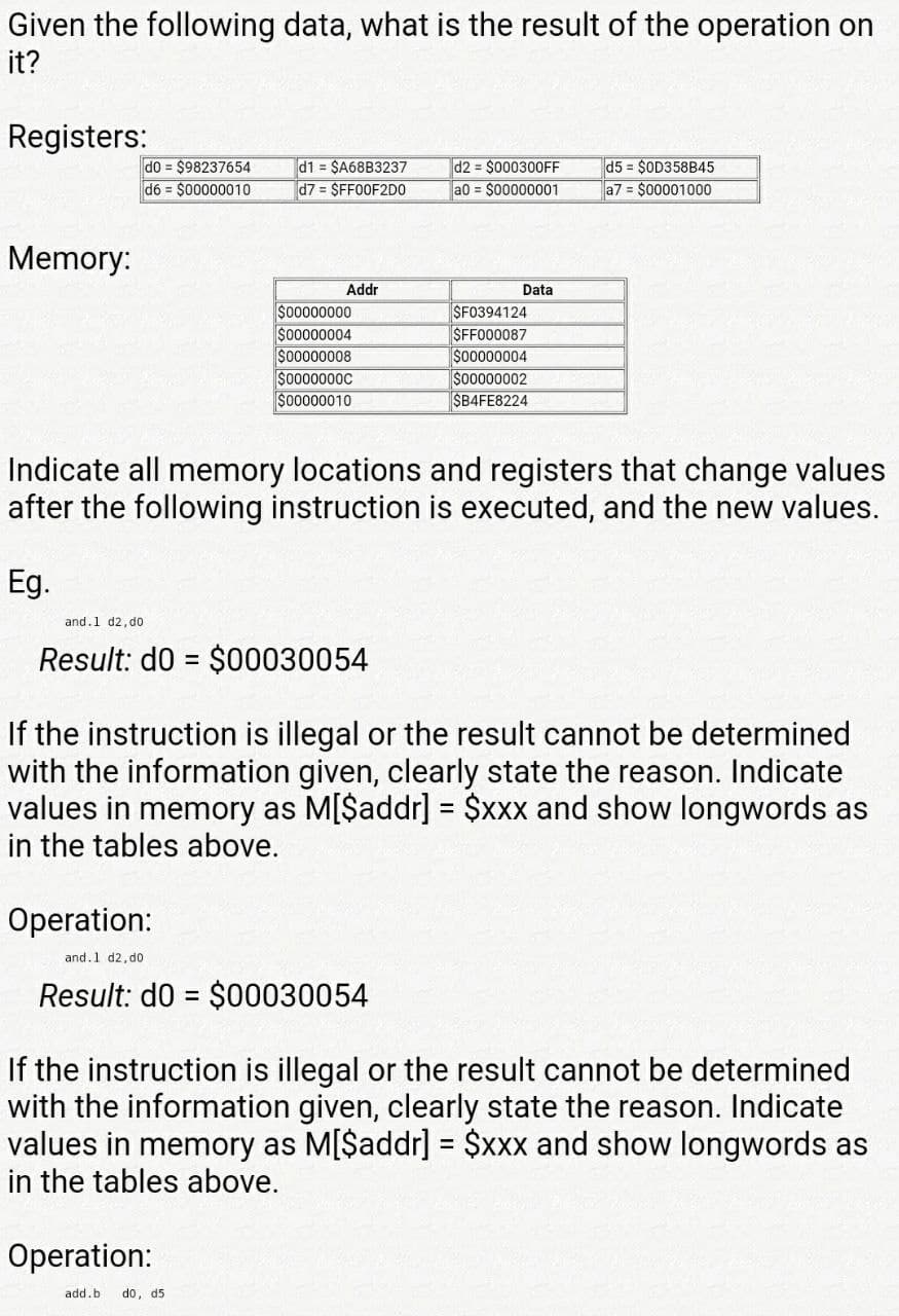 Given the following data, what is the result of the operation on
it?
Registers:
d0 = $98237654
d6 = $00000010
d1 = $A68B3237
d7 = $FF00F2DO
d2 = $000300FF
a0 = $00000001
d5 = $OD358B45
a7 = $00001000
Memory:
Addr
Data
$00000000
$00000004
so0000008
ŠF0394124
$FF000087
SO00000004
$00000002
$B4FE8224
$0000000C
$00000010
Indicate all memory locations and registers that change values
after the following instruction is executed, and the new values.
Eg.
and.1 d2, d0
Result: d0 = $00030054
%3D
If the instruction is illegal or the result cannot be determined
with the information given, clearly state the reason. Indicate
values in memory as M[$addr] = $xxx and show longwords as
in the tables above.
Operation:
and.1 d2, d0
Result: d0 = $00030054
%3D
If the instruction is illegal or the result cannot be determined
with the information given, clearly state the reason. Indicate
values in memory as M[$addr] = $xxx and show longwords as
in the tables above.
Operation:
add.b
do, d5
