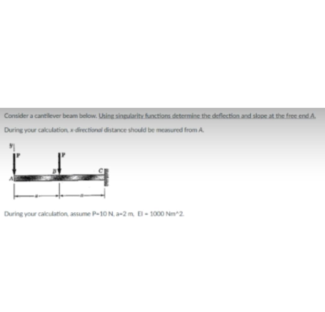 Considera cantilever beam below. Using singularity functions determine the deflection and slope at the free end A.
During your calculation, x-directional distance should be measured from A.
During your calculation, assume P-10N, a-2 m, El - 1000 Nm^2.