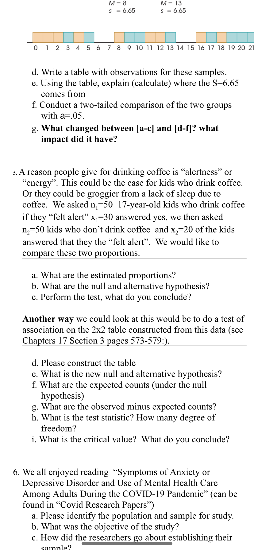 M = 8
s = 6.65
М - 13
s = 6.65
0 1 2 3 4 5 6
7 8 9 10 11 12 13 14 15 16 17 18 19 20 21
d. Write a table with observations for these samples.
e. Using the table, explain (calculate) where the S=6.65
comes from
f. Conduct a two-tailed comparison of the two groups
with a=.05.
g. What changed between [a-c] and [d-f]? what
impact did it have?
5. A reason people give for drinking coffee is "alertness" or
"energy". This could be the case for kids who drink coffee.
Or they could be groggier from a lack of sleep due to
coffee. We asked n;=50 17-year-old kids who drink coffee
if they "felt alert" x,=30 answered yes, we then asked
n,=50 kids who don't drink coffee and x,=20 of the kids
answered that they the "felt alert". We would like to
compare these two proportions.
a. What are the estimated proportions?
b. What are the null and alternative hypothesis?
c. Perform the test, what do you conclude?
Another way we could look at this would be to do a test of
association on the 2x2 table constructed from this data (see
Chapters 17 Section 3 pages 573-579:).
d. Please construct the table
e. What is the new null and alternative hypothesis?
f. What are the expected counts (under the null
һуpothesis)
g. What are the observed minus expected counts?
h. What is the test statistic? How many degree of
freedom?
i. What is the critical value? What do you conclude?
6. We all enjoyed reading "Symptoms of Anxiety or
Depressive Disorder and Use of Mental Health Care
Among Adults During the COVID-19 Pandemic" (can be
found in "Covid Research Papers")
a. Please identify the population and sample for study.
b. What was the objective of the study?
c. How did the researchers go about establishing their
sample?
