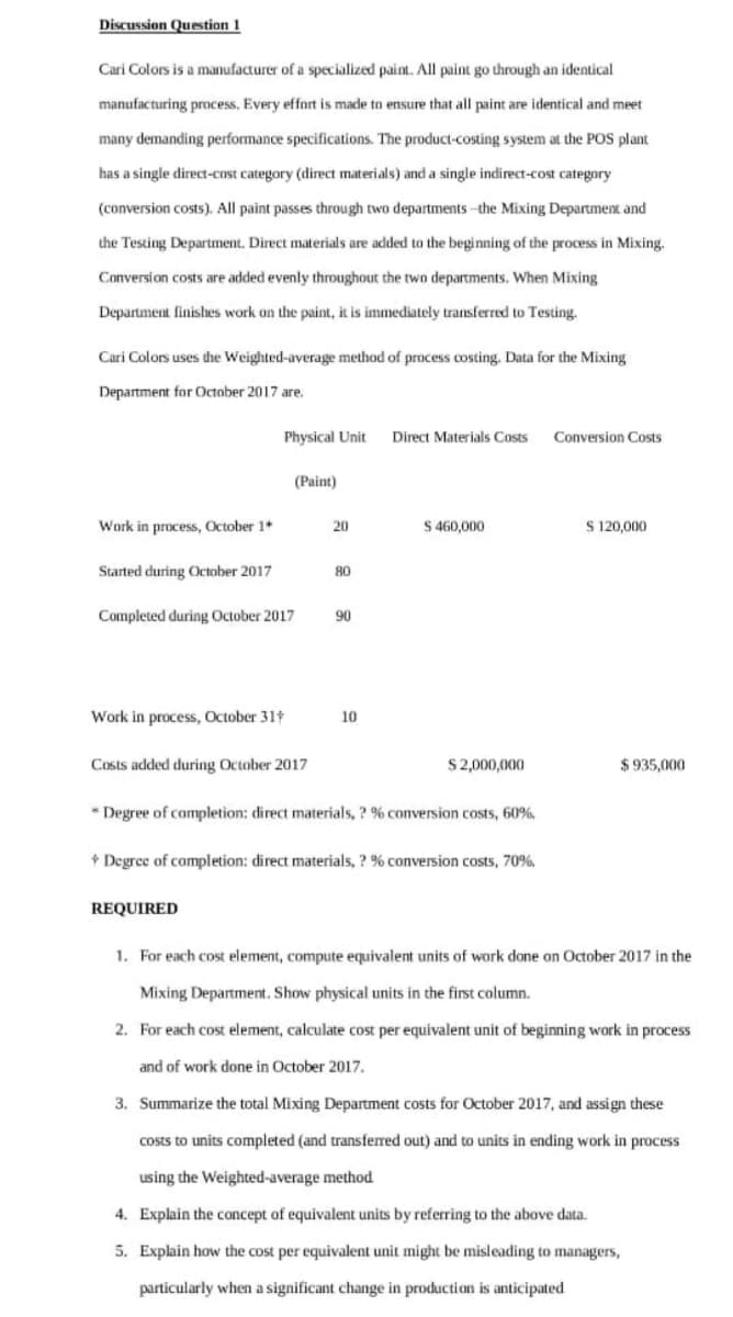 Discussion Question 1
Cari Colors is a manufacturer of a specialized paint. All paint go through an identical
manufacturing process. Every effort is made to ensure that all paint are identical and meet
many demanding performance specifications. The product-costing system at the POS plant
has a single direct-cost category (direct materials) and a single indirect-cost category
(conversion costs). All paint passes through two departments -the Mixing Department and
the Testing Department. Direct materials are added to the beginning of the process in Mixing.
Conversion costs are added evenly throughout the two departments. When Mixing
Department finishes work on the paint, it is immediately transferred to Testing.
Cari Colors uses dthe Weighted-average method of process costing. Data for the Mixing
Department for October 2017 are.
Physical Unit
Direct Materials Costs
Conversion Costs
(Paint)
Work in process, October 1+
20
S 460,000
S 120,000
Started during October 2017
80
Completed during October 2017
90
Work in process, October 31t
10
Costs added during October 2017
S2,000,000
$ 935,000
* Degree of completion: direct materials, ? % conversion costs, 60%.
* Degree of completion: direct materials, ? % conversion costs, 70%.
REQUIRED
1. For each cost element, compute equivalent units of work done on October 2017 in the
Mixing Department. Show physical units in the first column.
2. For each cost element, calculate cost per equivalent unit of beginning work in process
and of work done in October 2017.
3. Summarize the total Mixing Department costs for October 2017, and assign these
costs to units completed (and transferred out) and to units in ending work in process
using the Weighted-average method
4. Explain the concept of equivalent units by referring to the above data.
5. Explain how the cost per equivalent unit might be misleading to managers,
particularly when a significant change in production is anticipated
