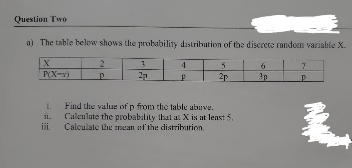 Question Two
a) The table below shows the probability distribution of the discrete random variable X.
2
3
4
5
7
P(X=x)
2p
2p
3p
i.
Find the value of p from the table above.
Calculate the probability that at X is at least 5.
Calculate the mean of the distribution.
ii.
111.
