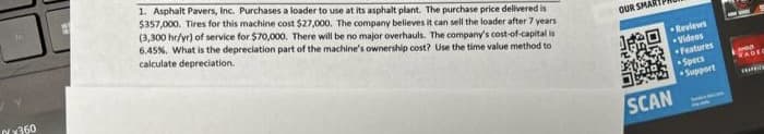 f
Nx360
1. Asphalt Pavers, Inc. Purchases a loader to use at its asphalt plant. The purchase price delivered is
$357,000. Tires for this machine cost $27,000. The company believes it can sell the loader after 7 years
(3,300 hr/yr) of service for $70,000. There will be no major overhauls. The company's cost-of-capital is
6.45%. What is the depreciation part of the machine's ownership cost? Use the time value method to
calculate depreciation.
OUR SMAR
LIKE
SCAN
Reviews
Videos
Features
-Specs
Support
AMMA
WADED
was