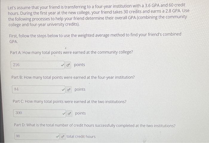 Let's assume that your friend is transferring to a four-year institution with a 3.6 GPA and 60 credit
hours. During the first year at the new college, your friend takes 30 credits and earns a 2.8 GPA. Use
the following processes to help your friend determine their overall GPA (combining the community
college and four-year university credits).
First, follow the steps below to use the weighted average method to find your friend's combined
GPA.
Part A: How many total points were earned at the community college?
216
Part B: How many total points were earned at the four-year institution?
84
o points
300
Part C: How many total points were earned at the two institutions?
✓opoints.
90
o points
Part D: What is the total number of credit hours successfully completed at the two institutions?
o total credit hours.