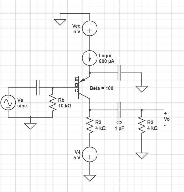 Vee
5 V+
+ !equi
800 μΑ
Beta = 100
A) Vs
sine
Rb
10 ko
Vo
C2
1 µF
R2
R2
4 kQ
4 kQ
V4
5 V+
+
