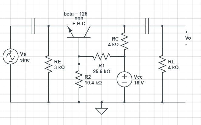 beta = 125
npn
ЕВС
RC
Vo
4 kQ
A) Vs
sine
RE
RL
R1
3 kQ
4 kQ
25.6 ko
R2
10.4 kQ
+Vcc
18 V
