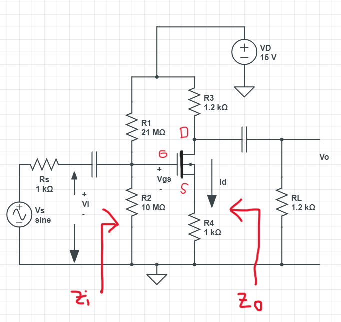 + VD
15 V
R3
1.2 kQ
R1
21 MQ
Vo
Rs
Vgs
Id
1 ko
R2
RL
Vs
10 ΜΩ
1.2 ko
sine
R4
1 kQ
Zo
+ 5 ,
