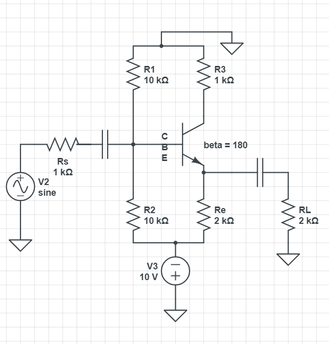 R1
R3
10 ΚΩ
1 kQ
beta = 180
E
Rs
1 ko
V2
sine
R2
Re
RL
10 kQ
2 kQ
2 kQ
V3
10 v+
