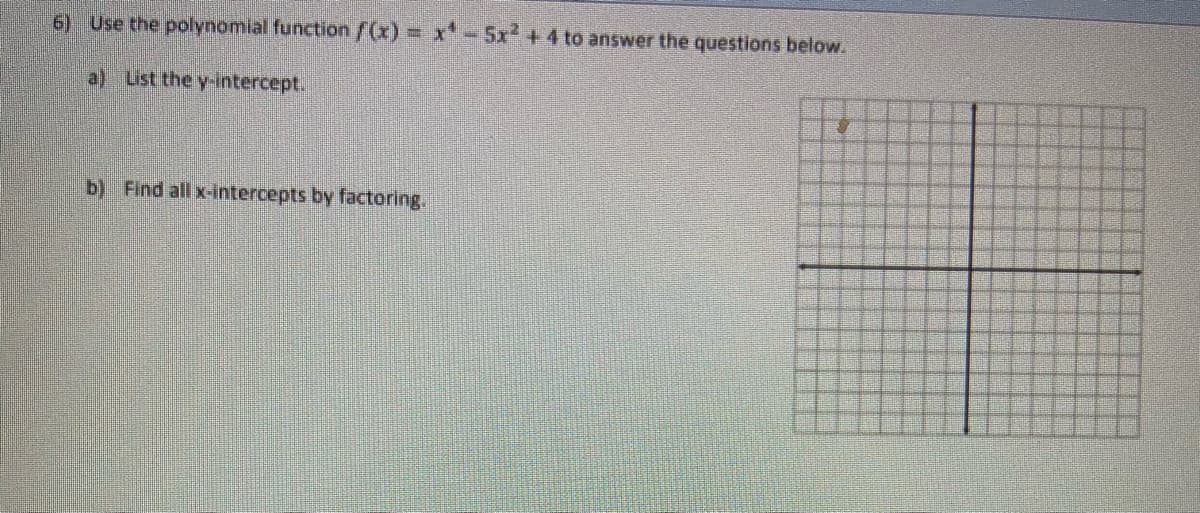 6) Use the polynomial function /(x) = x-5x +4 to answer the questions below.
a) List the y-intercept.
b) Find all x-intercepts by factoring.
