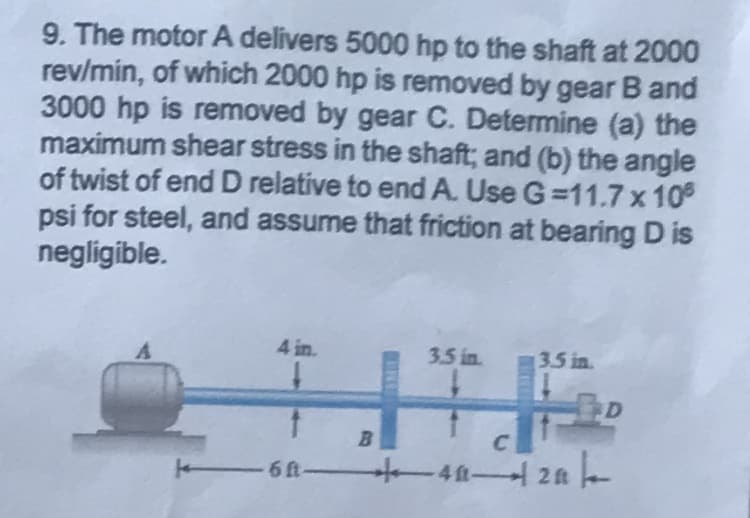 9. The motor A delivers 5000 hp to the shaft at 2000
rev/min, of which 2000 hp is removed by gear B and
3000 hp is removed by gear C. Determine (a) the
maximum shear stress in the shaft; and (b) the angle
of twist of end D relative to end A. Use G=11.7 x 10³
psi for steel, and assume that friction at bearing D is
negligible.
A
4 in.
H
B
-68402
3.5 in.
C
3.5 in.
D