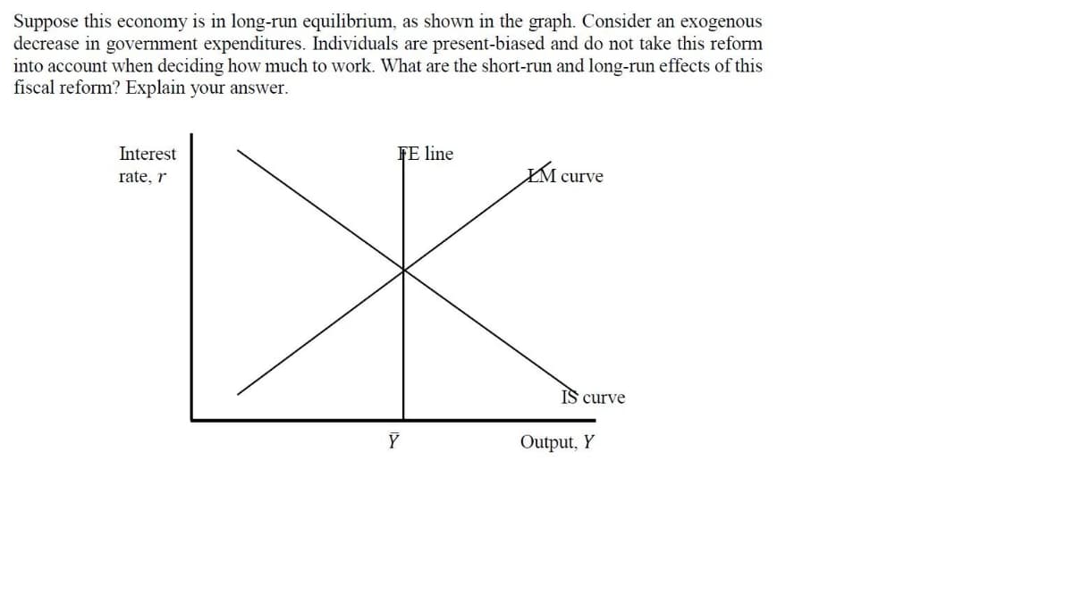 Suppose this economy is in long-run equilibrium, as shown in the graph. Consider an exogenous
decrease in government expenditures. Individuals are present-biased and do not take this reform
into account when deciding how much to work. What are the short-run and long-run effects of this
fiscal reform? Explain your answer.
Interest
FE line
KM curve
rate, r
IS curve
Output, Y
