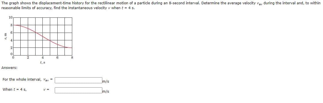 reasonable limits of accuracy, find the instantaneous velocity v when t = 4 s.
10
t, s
Answers:
For the whole interval, Vav =
m/s
When t - 4 s,
V =
m/s
4.
u 's
