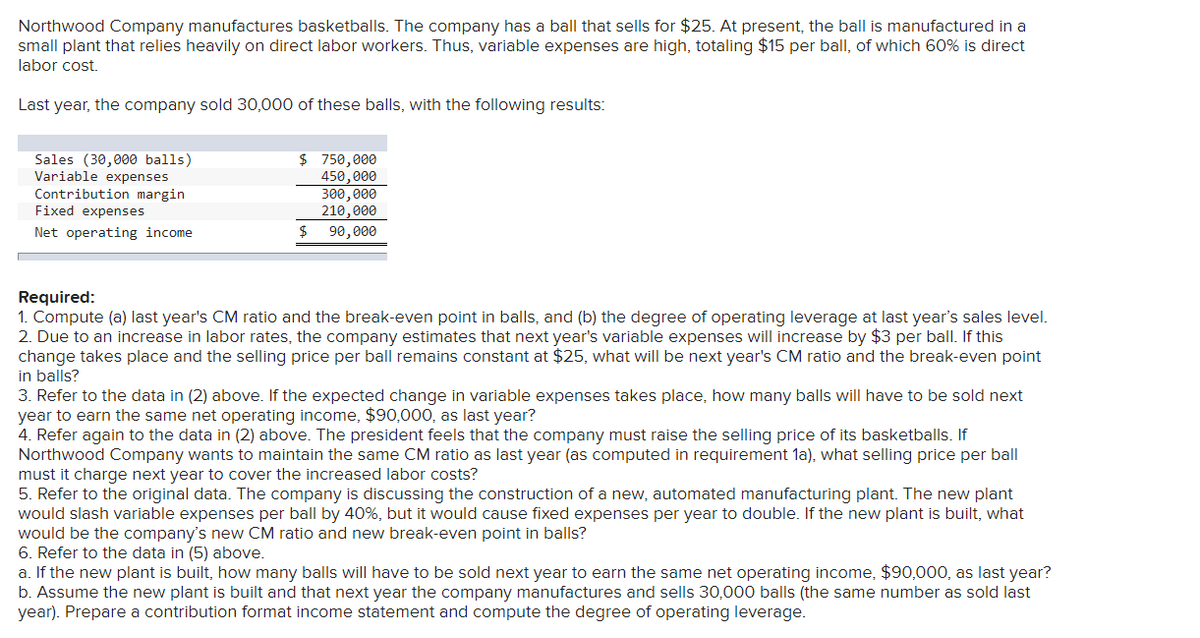 Northwood Company manufactures basketballs. The company has a ball that sells for $25. At present, the ball is manufactured in a
small plant that relies heavily on direct labor workers. Thus, variable expenses are high, totaling $15 per ball, of which 60% is direct
labor cost.
Last year, the company sold 30,000 of these balls, with the following results:
$ 750,000
450,000
300,000
210,000
$
Sales (30,000 balls)
Variable expenses
Contribution margin
Fixed expenses
Net operating income
90,000
Required:
1. Compute (a) last year's CM ratio and the break-even point in balls, and (b) the degree of operating leverage at last year's sales level.
2. Due to an increase in labor rates, the company estimates that next year's variable expenses will increase by $3 per ball. If this
change takes place and the selling price per ball remains constant at $25, what will be next year's CM ratio and the break-even point
in balls?
3. Refer to the data in (2) above. If the expected change in variable expenses takes place, how many balls will have to be sold next
year to earn the same net operating income, $90,000, as last year?
4. Refer again to the data in (2) above. The president feels that the company must raise the selling price of its basketballs. If
Northwood Company wants
must it charge next year to cover the increased labor costs?
5. Refer to the original data. The company is discussing the construction of a new, automated manufacturing plant. The new plant
would slash variable expenses per ball by 40%, but it would cause fixed expenses per year to double. If the new plant is built, what
would be the company's new CM ratio and new break-even point in balls?
6. Refer to the data in (5) above.
a. If the new plant is built, how many balls will have to be sold next year to earn the same net operating income, $90,000, as last year?
b. Assume the new plant is built and that next year the company manufactures and sells 30,000 balls (the same number as sold last
year). Prepare a contribution format income statement and compute the degree of operating leverage.
main
the same CM ratio as last year (as computed
requirement la), what selling price per ball
