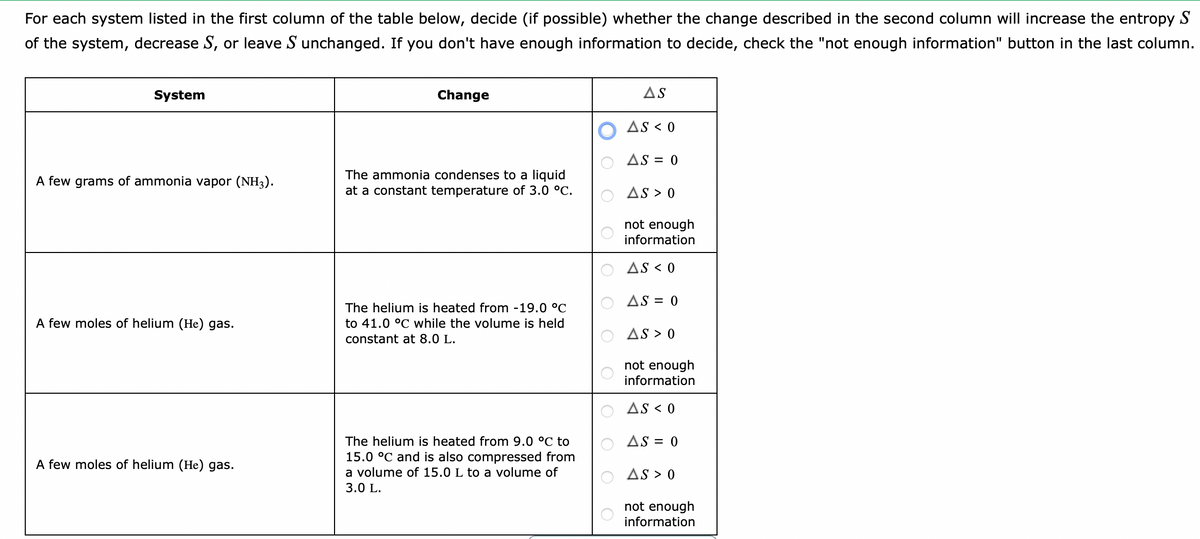 For each system listed in the first column of the table below, decide (if possible) whether the change described in the second column will increase the entropy S
of the system, decrease S, or leave S unchanged. If you don't have enough information to decide, check the "not enough information" button in the last column.
System
Change
AS
AS < 0
AS = 0
The ammonia condenses to a liquid
at a constant temperature of 3.0 °C.
A few grams of ammonia vapor (NH3).
AS > 0
not enough
information
AS < 0
AS = 0
The helium is heated from -19.0 °C
A few moles of helium (He) gas.
to 41.0 °C while the volume is held
AS > 0
constant at 8.0 L.
not enough
information
AS < 0
The helium is heated from 9.0 °C to
AS = 0
15.0 °C and is also compressed from
A few moles of helium (He) gas.
a volume of 15.0 L to a volume of
AS > 0
3.0 L.
not enough
information
