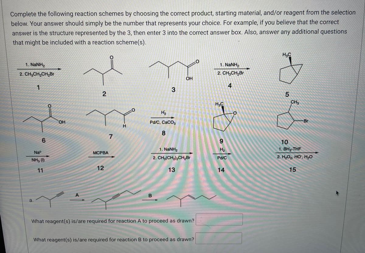 **Completing Reaction Schemes: A Guide to Choosing Reagents and Products**

**Instructions:**
Complete the following reaction schemes by choosing the correct product, starting material, and/or reagent from the selection below. Your answer should simply be the number that represents your choice. For example, if you believe that the correct answer is the structure represented by the 3, then enter 3 into the correct answer box. Also, answer any additional questions that might be included with a reaction scheme(s).

**Diagrams/Graphs Description:**
The image contains several chemical structures (numbered 1 to 15), with arrows indicating different chemical reactions and reagents involved. Below the structures, two reaction schemes, labeled as Reaction A and Reaction B, are shown, and you are prompted to identify the reagents required for these reactions.

**Chemical Structures:**

1. 1) NaNH₂ 
   2) CH₃CH₂CH₂Br

2. ![Structure](https://imgur.com/VaebFdz)

3. ![Structure](https://imgur.com/VaebFdz)

4. 1) NaNH₂ 
   2) CH₃CH₂Br

5. ![Structure](https://imgur.com/VaebFdz)

6. ![Structure](https://imgur.com/VaebFdz)

7. ![Structure](https://imgur.com/VaebFdz)

8. H₂ / Pd/C, CaCO₃

9. ![Structure](https://imgur.com/VaebFdz)

10. 1) BH₃.THF 
    2) H₂O₂, HO⁻, H₂O

11. Na⁺ / NH₃ (l)

12. MCPBA

13. 1) NaNH₂ 
    2) CH₃(CH₂)₂CH₂Br

14. H₂ / Pd/C

15. ![Structure](https://imgur.com/VaebFdz)

**Questions:**
1. **Reaction A:**
   \[
   \begin{align*}
   \text{a.} & \quad \text{{Initial alkyne structure}} \\
   \text{B.} & \quad \text{{Intermediate structure}} \\
   \text{C.} & \quad \text{{Final desired structure}} \