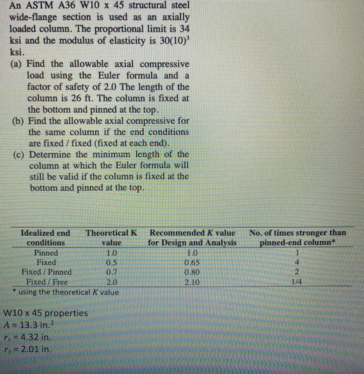 An ASTM A36 W10 x 45 structural steel
wide-flange section is used as an axially
loaded column. The proportional limit is 34
ksi and the modulus of elasticity is 30(10)³
ksi.
(a) Find the allowable axial compressive
load using the Euler formula and a
factor of safety of 2.0 The length of the
column is 26 ft. The column is fixed at
the bottom and pinned at the top.
(b) Find the allowable axial compressive for
the same column if the end conditions
are fixed / fixed (fixed at each end).
(c) Determine the minimum length of the
column at which the Euler formula will
still be valid if the column is fixed at the
bottom and pinned at the top.
Idealized end Theoretical K
conditions
value
Pinned
Fixed
Fixed / Pinned
Fixed / Free
2.0
using the theoretical K value
W10 x 45 properties
A = 13.3 in.2
r = 4.32 in.
ry = 2.01 in.
Recommended K value
for Design and Analysis
1.0
0.65
0.80
2.10
No. of times stronger than
pinned-end column*
4