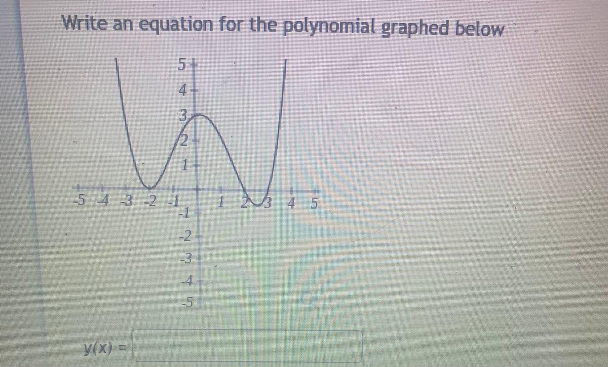 Write an equation for the polynomial graphed below
54
4-
3.
2
1-
54-3-2 -1
-1
3 4 5
-2
-4
-51
y(x) D
%3D
