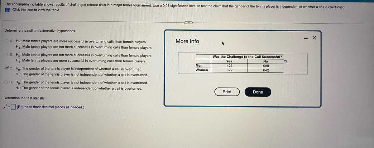 The accompanying table shows results of challenged referee calls in a major tennis tournament. Use a 0.05 significance level to test the claim that the gender of the tennis player is independent of whether a call is overturned.
E Click the icon to view the table.
Determine the null and alternative hypotheses.
O A. Ho: Male tennis players are more successful in overturning calls than female players.
More Info
H: Male tennis players are not more successful in overturning calls than female players.
O B. Ho: Male tennis players are not more successful in overturning calls than female players.
Was the Challenge to the Call Successful?
H: Male tennis players are more successful in overturning calls than female players.
Yes
No
Men
423
988
C. Ho: The gender of the tennis player is independent of whether a call is overturned.
Women
322
642
H,: The gender of the tennis player is not independent of whether a call is overturned.
O D. Ho: The gender of the tennis player is not independent of whether a call is overturned.
H,: The gender of the tennis player is independent of whether a call is overturned.
Print
Done
Determine the test statistic.
= (Round to three decimal places as needed.)
