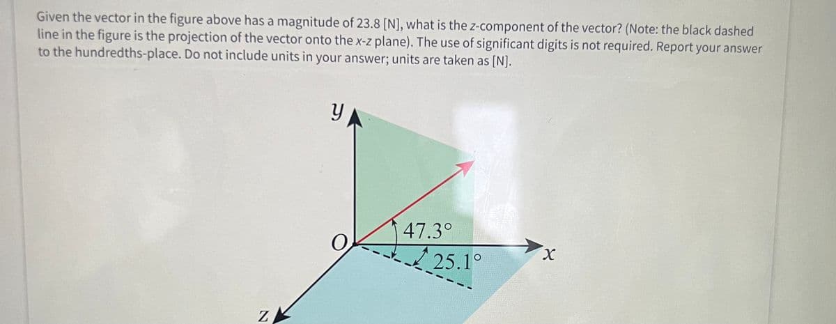 Given the vector in the figure above has a magnitude of 23.8 [N], what is the z-component of the vector? (Note: the black dashed
line in the figure is the projection of the vector onto the x-z plane). The use of significant digits is not required. Report your answer
to the hundredths-place. Do not include units in your answer; units are taken as [N].
Z
y
O
47.3°
25.10
X