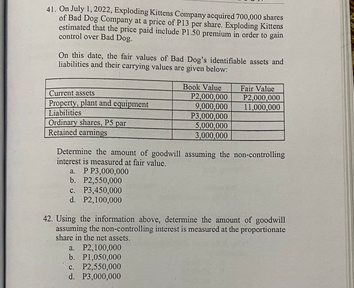 41. On July 1, 2022, Exploding Kittens Company acquired 700,000 shares
of Bad Dog Company at a price of P13 per share. Exploding Kittens
estimated that the price paid include P1.50 premium in order to gain
control over Bad Dog.
On this date, the fair values of Bad Dog's identifiable assets and
liabilities and their carrying values are given below:
Current assets
Property, plant and equipment
Liabilities
Ordinary shares, P5 par
Retained earnings
a. P P3,000,000
b. P2,550,000
c. P3,450,000
d. P2,100,000
Book Value
Determine the amount of goodwill assuming the non-controlling
interest is measured at fair value.
a. P2,100,000
b. P1,050,000
P2,000,000
9,000,000
P3,000,000
5,000,000
3,000,000
c. P2,550,000
d. P3,000,000
Fair Value
P2,000,000
11,000,000
42. Using the information above, determine the amount of goodwill
assuming the non-controlling interest is measured at the proportionate
share in the net assets.