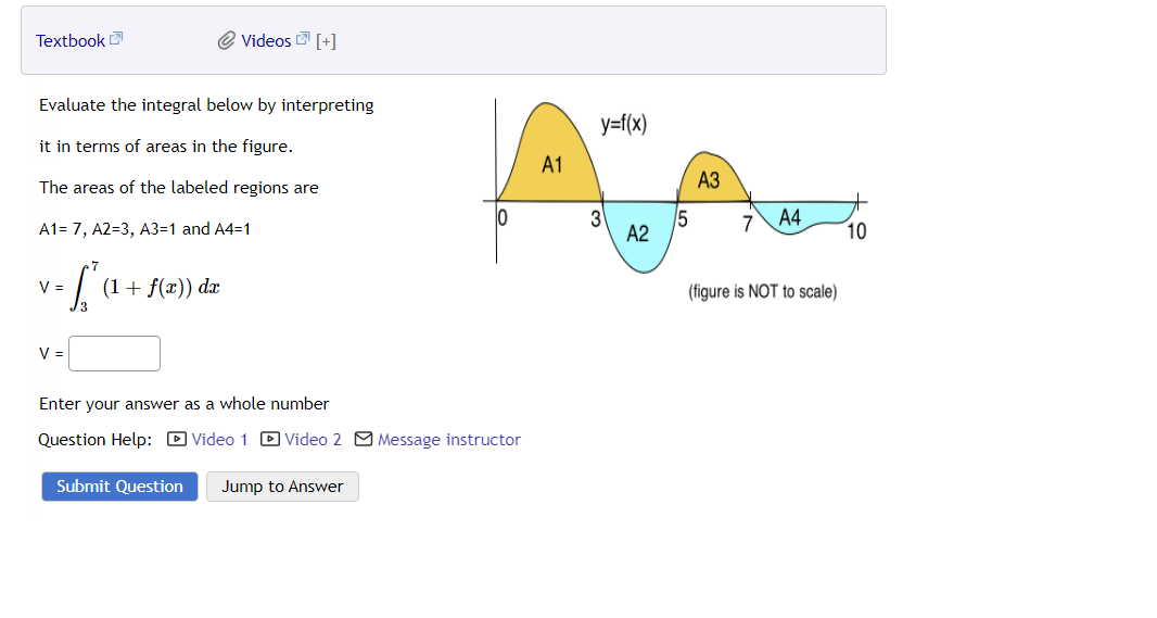 Textbook
Evaluate the integral below by interpreting
it in terms of areas in the figure.
The areas of the labeled regions are
A1= 7, A2=3, A3=1 and A4=1
S (1 + f(x)) dx
V=
Videos [+]
V =
10
Enter your answer as a whole number
Question Help: Video 1 Video 2 Message instructor
Submit Question Jump to Answer
A1
y=f(x)
A2
A3
7 A4
(figure is NOT to scale)
10