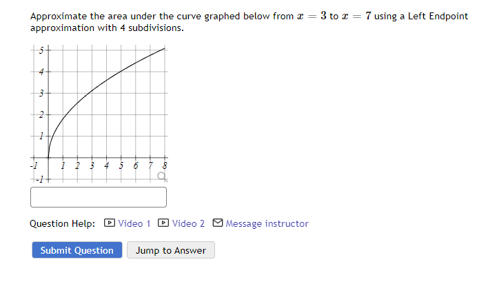 Approximate the area under the curve graphed below from x = 3 to x = 7 using a Left Endpoint
approximation with 4 subdivisions.
4
3
Cy
my
19-
3
7
Question Help: Video 1 Video 2 Message instructor
Submit Question Jump to Answer