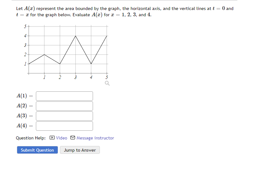 Let A(x) represent the area bounded by the graph, the horizontal axis, and the vertical lines at t = 0 and
t = x for the graph below. Evaluate A(x) for x = 1, 2, 3, and 4.
5
4
3.
2
1
=
=
1
=
2
A(1)
A(2)
A(3)
A(4)
Question Help: Video Message instructor
Submit Question Jump to Answer
3
so