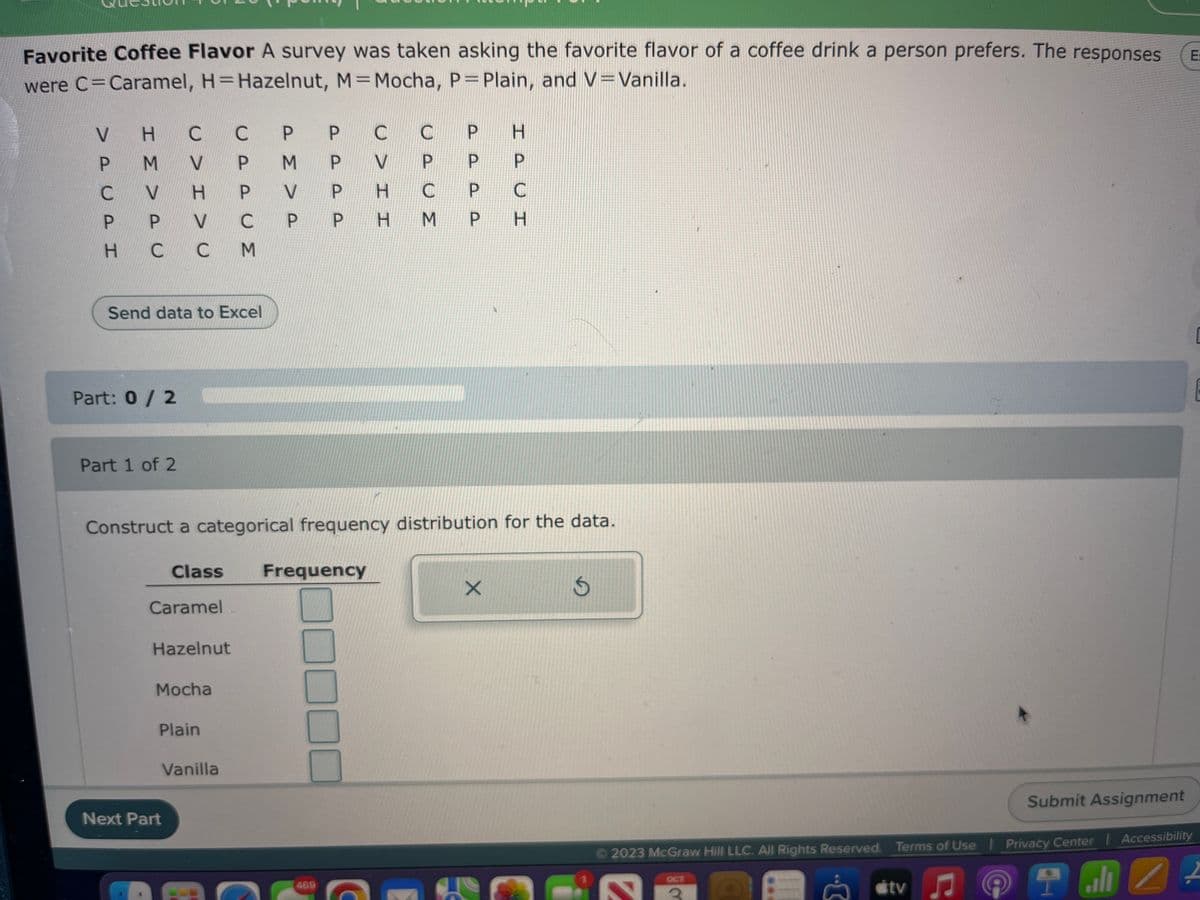 Favorite Coffee Flavor A survey was taken asking the favorite flavor of a coffee drink a person prefers. The responses
were C=Caramel, H=Hazelnut, M=Mocha, P= Plain, and V=Vanilla.
H
HC C P P
M
P
P
CV
V
P
P P
нс
V
P
P
V C
CCM
с
м
Part: 0/2
V
Send data to Excel
Part 1 of 2
H
H
Caramel
Hazelnut
Mocha
Next Part
Class Frequency
Plain
ΩΣ > Δ
Vanilla
P
469
V P
H
PH
UPCM
C C P
Construct a categorical frequency distribution for the data.
C
PP a a
Р
P
H
IPUI
X
C
P H
а
OCT
3
Submit Assignment
2023 McGraw Hill LLC. All Rights Reserved. Terms of Use | Privacy Center | Accessibility
S
all
tv
E
A