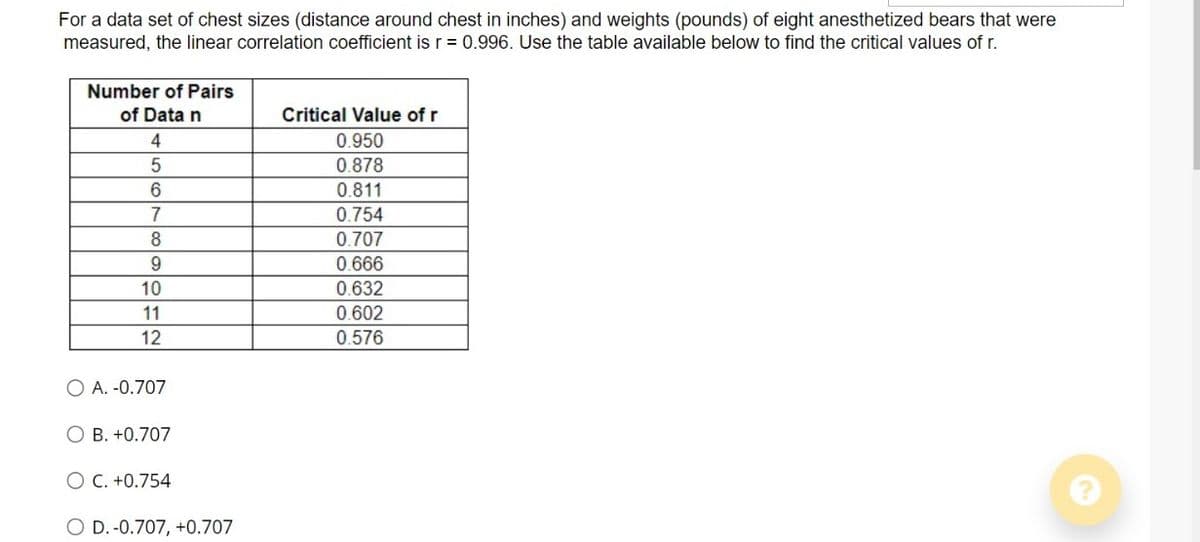 For a data set of chest sizes (distance around chest in inches) and weights (pounds) of eight anesthetized bears that were
measured, the linear correlation coefficient is r= 0.996. Use the table available below to find the critical values of r.
Number of Pairs
of Data n
Critical Value of r
4
0.950
0.878
6
0.811
7
0.754
8
0.707
9.
0.666
10
0.632
11
0.602
12
0.576
O A. -0.707
O B. +0.707
O C. +0.754
O D. -0.707, +0.707
